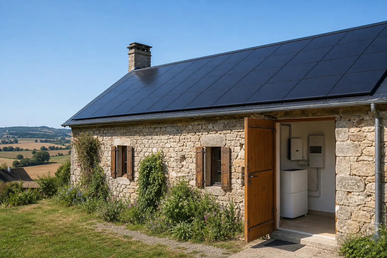 Panneaux solaires noirs sur maison en pierre française avec batterie murale