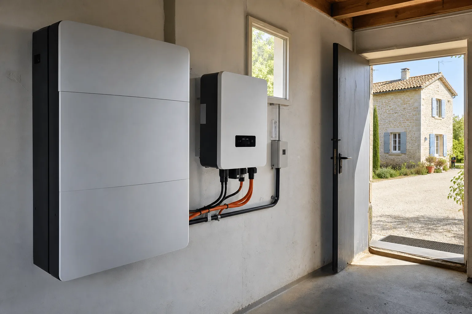 Batterie de stockage solaire murale installée dans un garage de maison française