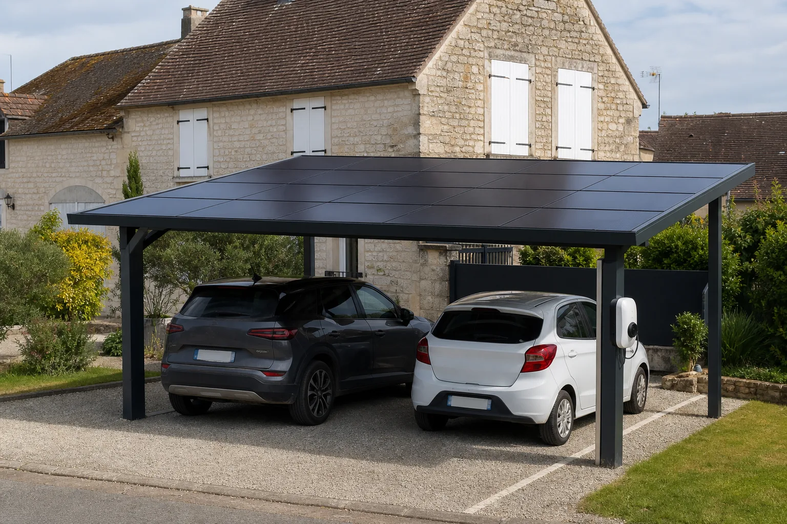 Carport solaire avec panneaux photovoltaïques noirs abritant deux places de stationnement
