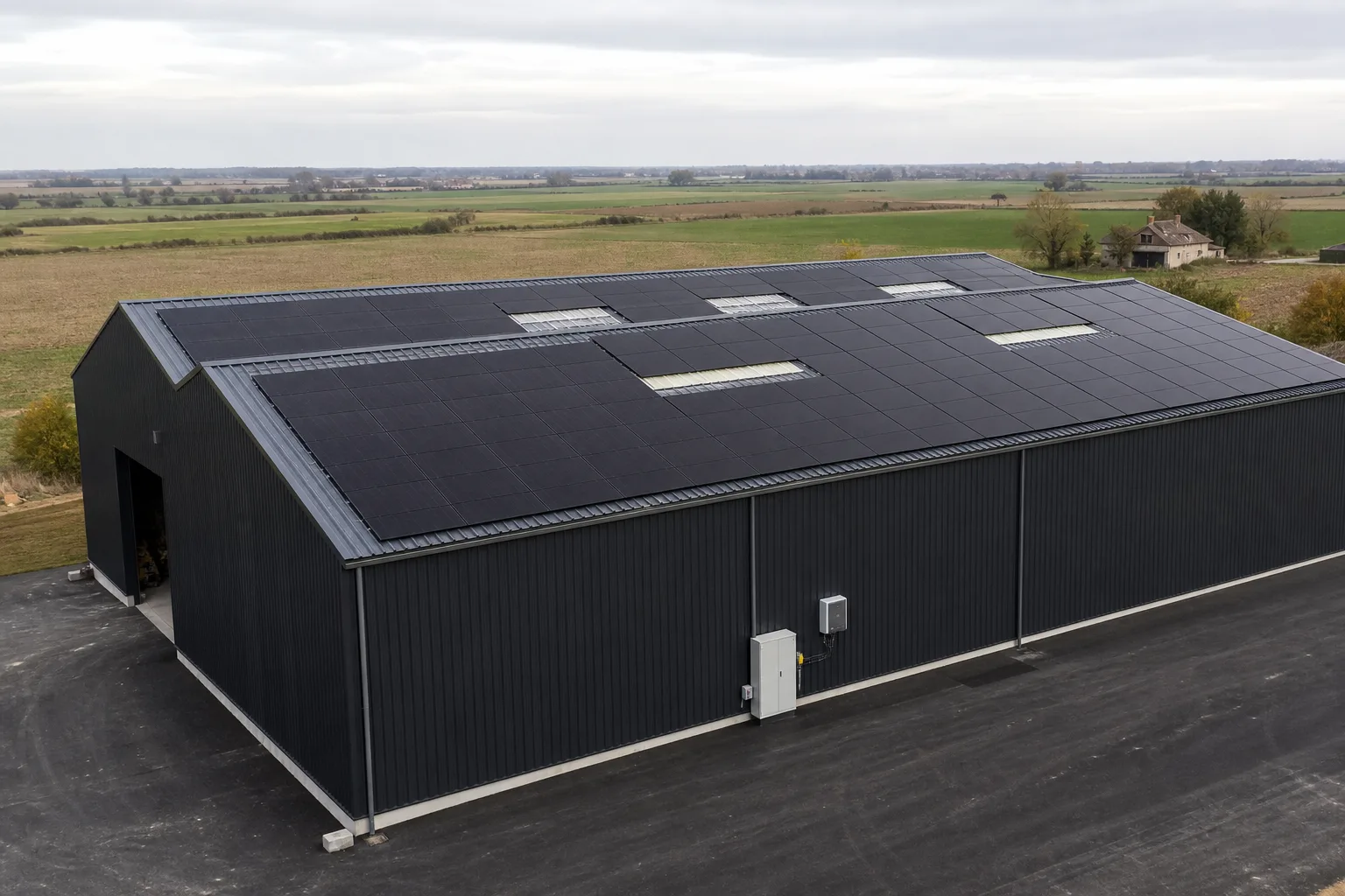 Panneaux solaires photovoltaïques installés sur la toiture d'un entrepôt industriel français